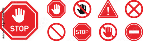 Collection of Cautionary Signs Featuring Stop Hand and Warning Icons as Symbolism for Prohibition Alert Risk Safety and Restriction Vector Illustration