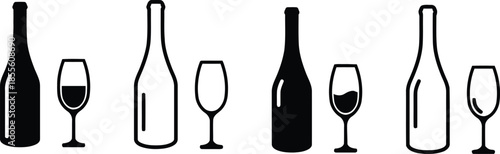 Collection of Wine Bottle and Glass Icons in Various Shape and Style for Beverage Alcoholic Drink Food and Restaurant Concept Isolated on Transparent Background with Black Stroke Line Design