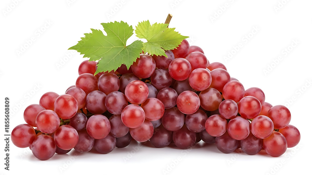 Fototapeta premium Ripe red grape Pink bunch with leaves isolated on white With clipping path Full depth of field