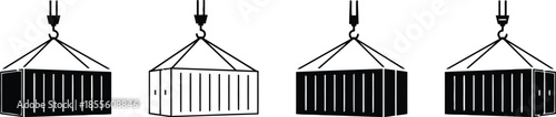 Industrial shipping container with crane hook icon set vector illustrations of logistics and freight transportation symbols in outline and solid black styles for global trade and cargo management