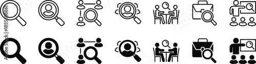 Recruitment search and human resources icons including magnifying glass person lookup candidate screening interview process job hunt briefcase and business training workshop illustrations set