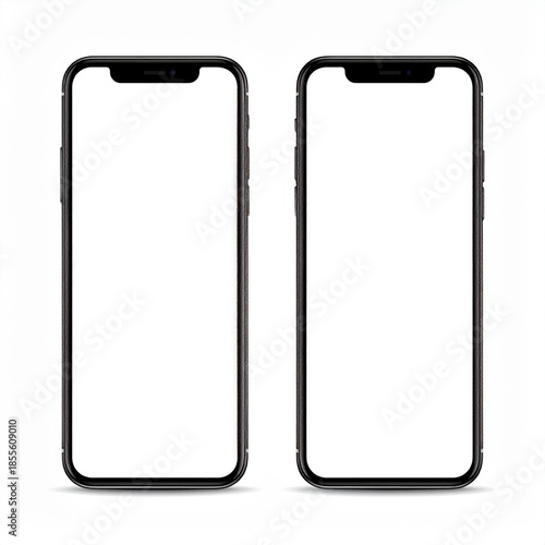 Two modern black smartphones with blank white screens, perfect for mockups and presentations.