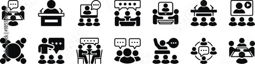 Business communication and corporate meeting icons depicting group discussions public speaking conferences online webinars team collaboration speech bubbles and round table seminars set design