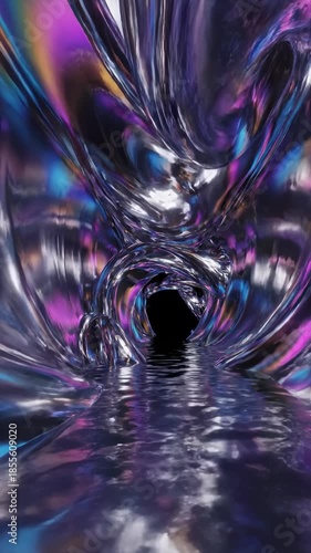 Swirling Abstract Vortex Flowing Through Liquid Portal With Reflections