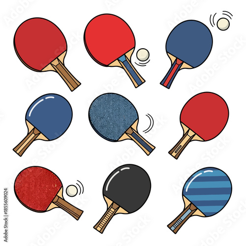 Colorful ping pong paddles and balls.