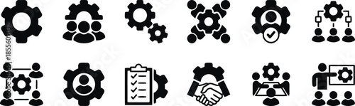 Business management and workflow optimization icons set featuring cogwheels people collaboration process automation checklist verification partnership handshake and team training presentation