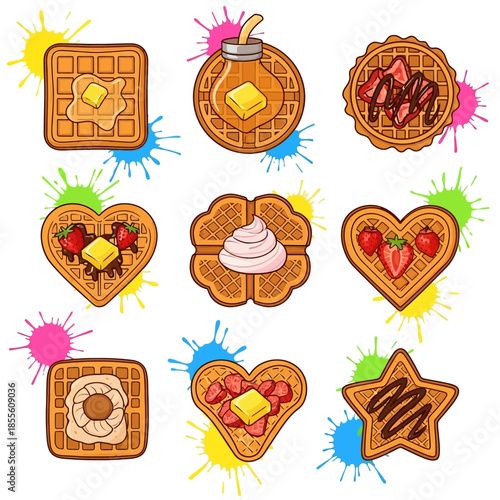 Colorful waffles with various toppings.