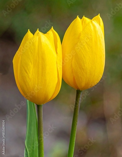 Two vibrant yellow tulips blooming in a garden, showcasing natural beauty and floral elegance.