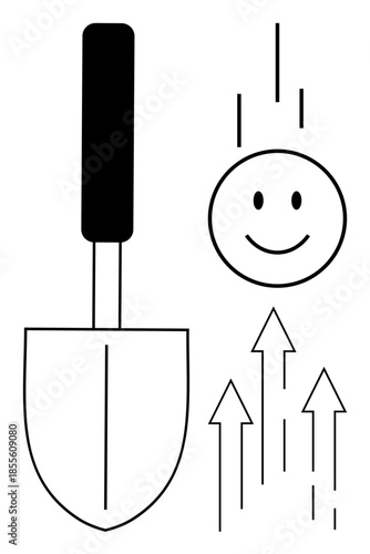 Growth concept. Shovel, upward arrows, and a happy face growth, progress, and development. Ideal for thumbs up success, improvement, positivity and motivation