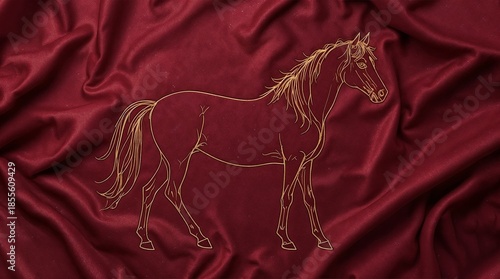 Horse outline illustration on silky burgundy fabric background for artistic designs