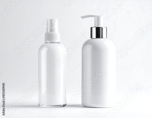 Two white cosmetic bottles on a white background, clean beauty.
