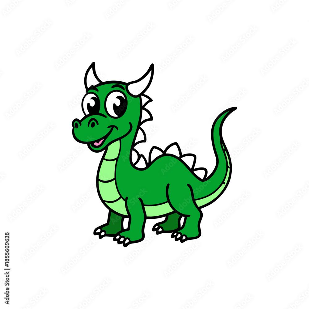 Fototapeta premium A friendly green cartoon dragon with white horns and a happy expression.
