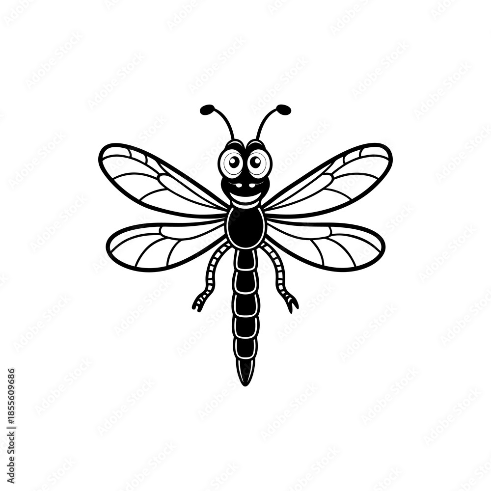 Obraz premium A black and white cartoon illustration of a happy dragonfly with big eyes and a smiling face, depicted in a simple graphic style.
