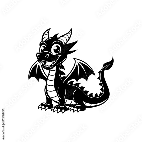 A cute cartoon black dragon with big eyes, horns, and wings, smiling happily.