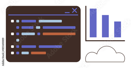 Code window with colorful lines, bar chart, and a cloud symbol representing data processing, cloud storage, and analytics. Ideal for software, development, technology, innovation cloud computing