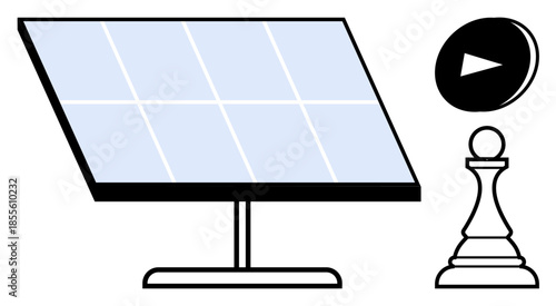Renewable energy, strategic thinking, green technology, decision-making, innovation, sustainability. A solar panel, chess pawn and play button icon. Renewable energy and strategic thinking concept