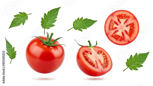 Tomato isolated Whole tomato with leaf flying on white background Falling tomato half slice and leav