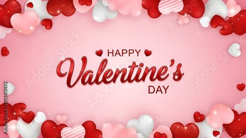 Happy valentines day greeting with colorful hearts on pink background