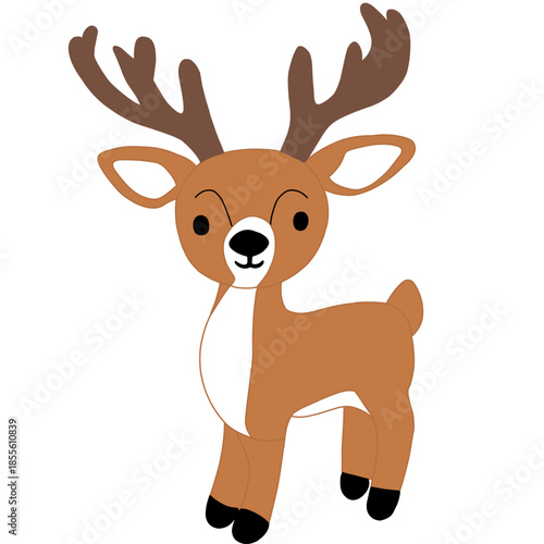 Cute cartoon deer illustration with large antlers, standing isolated on a white background