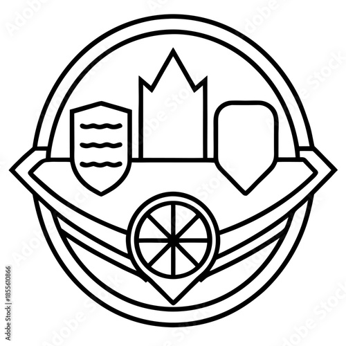 "Black and White Emblem with Crown, Shields, and Wheel Symbol"
