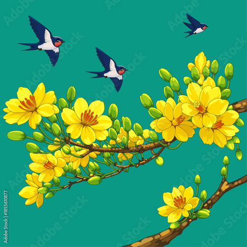 Apricot Blossoms and Swallows – Vietnamese Tet Lunar New Year Vector Illustration