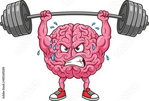 Cartoon brain character lifting barbell with muscular arms and legs, mental strength concept, flat vector illustration