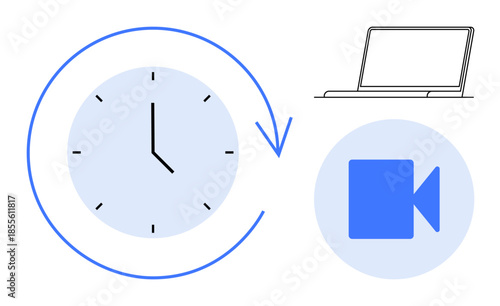 Remote work, time management, virtual meetings, digital collaboration, productivity, workflow automation. Clock with arrow, video call icon and laptop. Remote work and time management concept