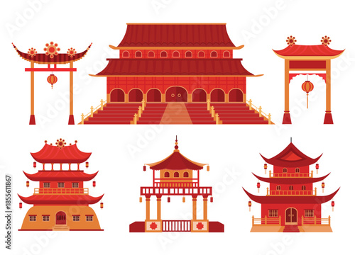 Set of Chinese buildings and temples in traditional style on isolated white background,Vector illustration.
