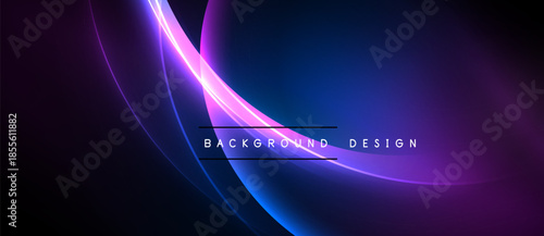 Abstract neon lines create dynamic curves, gradients. Dark background emphasizes bright purple, blue hues. Modern design element.