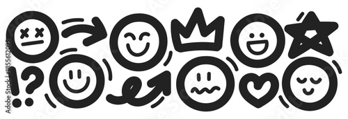 Black and white abstract doodle icons with smiley faces and symbols vector