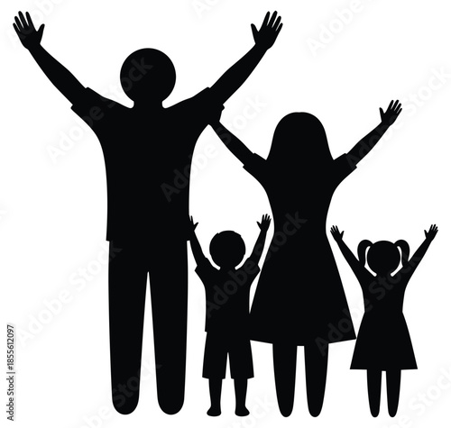 Black silhouette of a family with arms raised in celebration happiness