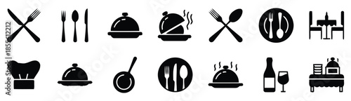Collection of black restaurant and dining icons on white background food