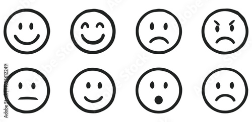 Eight black and white hand drawn smiley face icons showing different emotions symbol happy