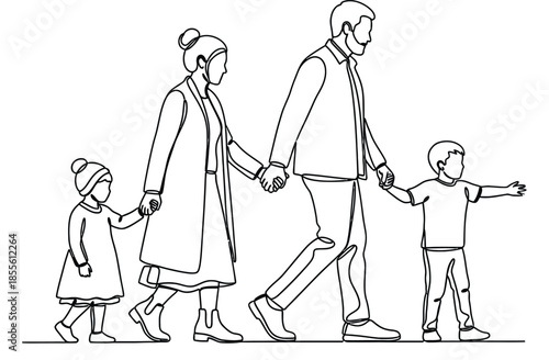 Family walking together holding hands line drawing people parents