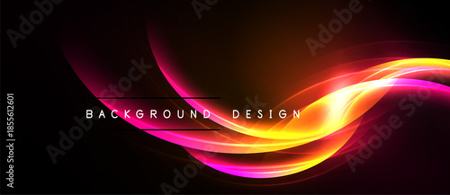 Abstract vibrant waves, flowing curves. Bright colors blend, creating dynamic background design. Dark space emphasizes luminosity.