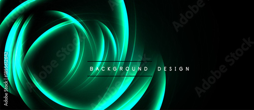 Abstract glowing curves form dynamic background. Teal hues dominate dark space, creating modern visual effect. Simple text reads background design.