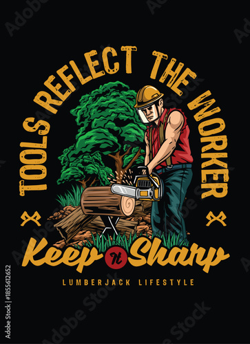 illustration design of a woodcutter cutting wood using a chainsaw