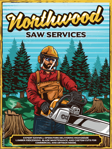 illustration design of a woodcutter cutting wood using a chainsaw