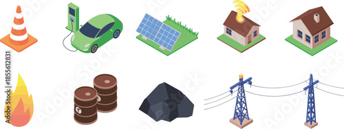 Isometric energy icons set, renewable and traditional power sources, electric car solar wind fossil fuels, smart home electricity concept