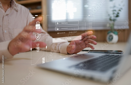 User logging in on smartphone with virtual cybersecurity icons, representing data protection, secure access, privacy, password login, digital identity, and online information security systems.