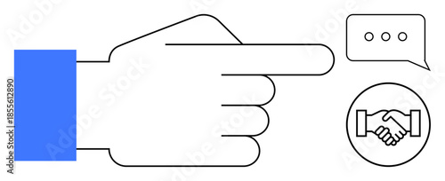 Communication concept. A pointing hand with speech bubble and handshake icon teamwork and dialogue. Communication supporting collaboration, decision-making, and understanding. For business, teamwork