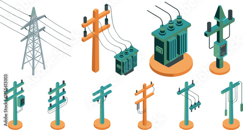 Isometric electric power transmission icons set, utility poles transformers high voltage lines, electricity distribution infrastructure, energy grid, vector illustration