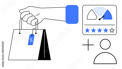 E-commerce concept. Highlighting customer reviews, shopping bags, and user profiles for enhanced online experiences. E-commerce drives business growth and user satisfaction. Perfect for retail
