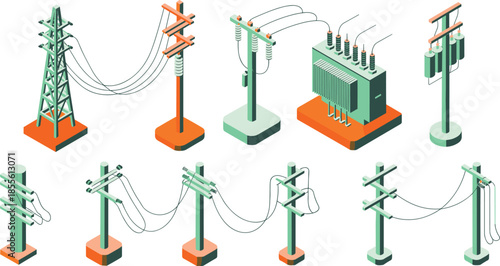 Isometric electric power transmission icons set, utility poles transformers high voltage lines, electricity distribution infrastructure, energy grid, vector illustration