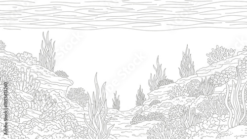 Underwater Line Art Illustration of Open Ocean Background Landscape