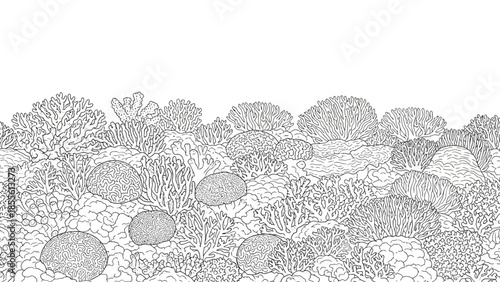 Underwater Line Art Layered Coral Reef Landscape Scene