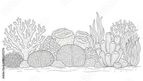 Underwater Line Art Rocky Coral Cluster Seabed Environment