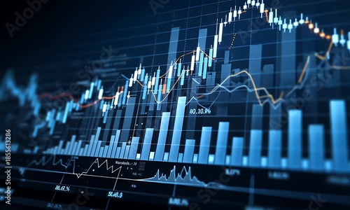 Abstract digital stock market trading chart with blue and orange lines showing upward trends and candlestick patterns on a dark background