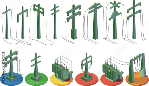 Isometric electrical infrastructure icons set, power poles pylons transformers, electricity transmission and distribution network, utility grid elements, vector illustration