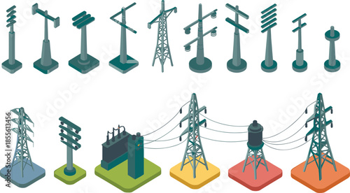 Isometric electrical infrastructure icons set, power poles pylons transformers, electricity transmission and distribution network, utility grid elements, vector illustration